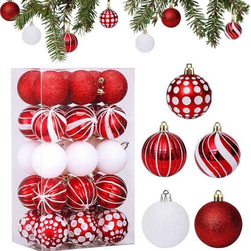 1 Christmas Balls Ornaments, 30ct 2.36 Inch Plastic Christmas Tree Ornaments, Red, Green, White Shatterproof Decorative Baubles for Xmas Holiday Party Decor