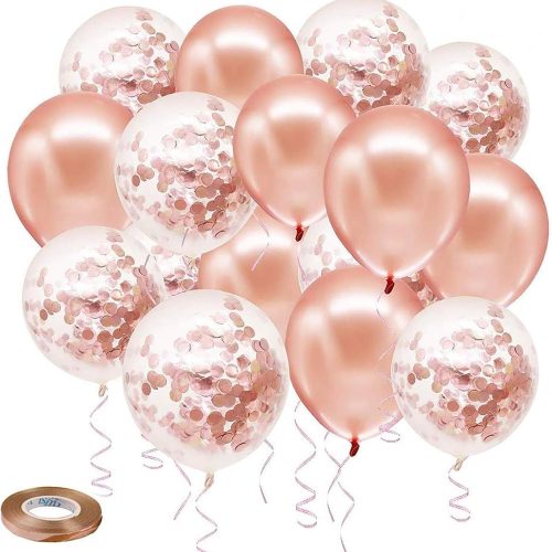 1 Rose Gold Confetti Latex Balloons, 50 pack 12 inch Birthday Balloons with 33 Feet Rose Gold Ribbon for Party Wedding Bridal Shower Decorations