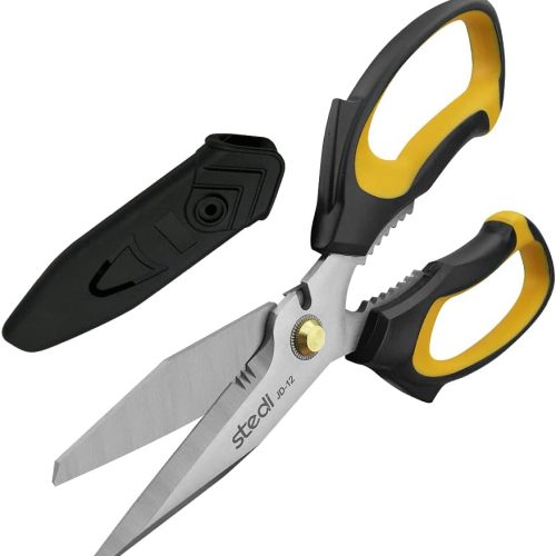 1 Scissors Heavy Duty 8-Inch,Multipurpose Scissors,Sharp Stainless Steel Shears with Serrated Edge & Protective Cover,Non-Slip Handle,Easy Cutting Cardboard, Carpet,Leather, Fabric, Wires, Yellow