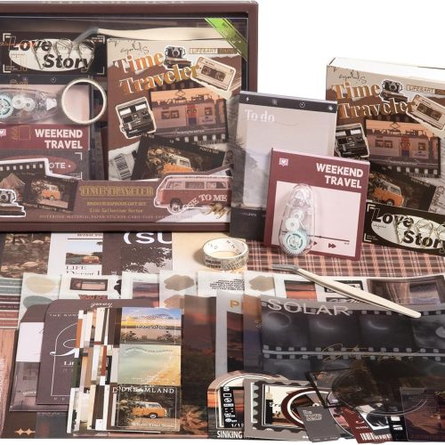 1 Travel Scrapbook Photo Album Supplies Kit with Tweezers and Glue Tape, Aesthetic Vintage Junk Journal Scrapbooking Paper, Sticker Pack, Notebook Craft Supplies, DIY Gift for Adult Men Women (Traveler)
