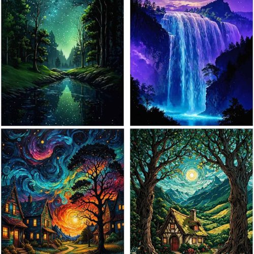1 Starry Sky Paint by Numbers Kit for Adults, 4 Pack Country Night Paint by Number Kits for Beginner Moon Acrylic On Canvas DIY Oil Painting Kit for Gift Home Wall Decor 12x16 Inch