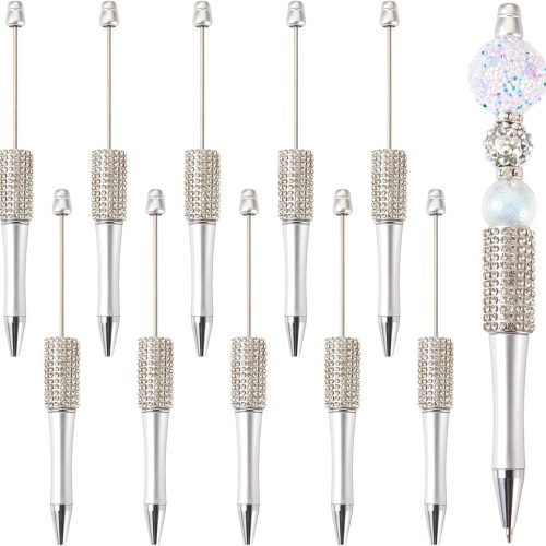 10pcs Diamond Beadable Pens, Bling Rhinestone Beaded Pens DIY Plastic Bead Pen Crystal Shaft Black Ink Ballpoint Pens for DIY Pens Decorations Supplies Gift Office School - Silver