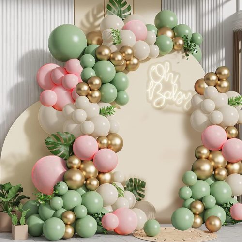 Sage Green Pink Balloons Garland Kit,133pcs Olive Green Blush Pink Sand White Metallic Gold Balloons for Bridal Shower Wedding Birthday Jungle Safari Woodland Party Decorations…