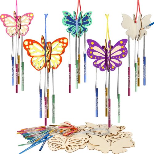 1 Fennoral 8 Pack 3D Butterfly Wind Chime Kit for Kids Make Your Own Butterfly Wind Chime Wooden Arts and Crafts for Kids DIY to Paint Butterfly Craft for Fall Winter Art Activity Birthday Party