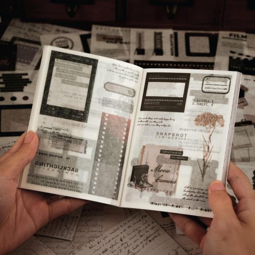 Washi Stickers Book for Journaling, Vintage Scrapbook Ephemera with 180pcs Film Stickers and 20 Adhesive Scrapbooking Papers, Junk Journaling Supplies