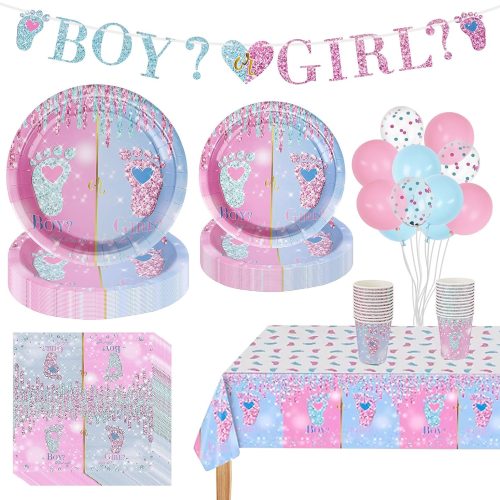 Gender Reveal Party Decorations 146 Pcs Serves 24 Guests Boy or Girl Party Supply with Disposable Paper Plates Napkins Cups Tablecloth Cutlery for Baby Shower Decorations