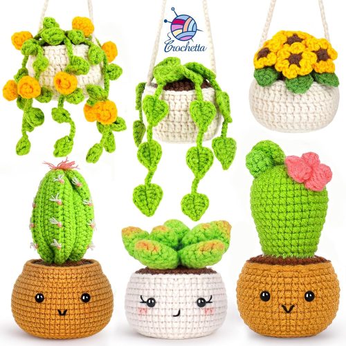 Crochet Kit for Beginners, Crochet Starter Kits for Adults, Amigurumi Craft Knitting Crocheting Kits with Step-by-Step Video Tutorials, 6 Pc Hanging Potted Plants Family(40%+ Yarn