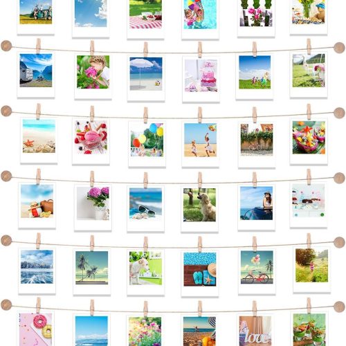Hanging Photo Display with 50 Clips, Picture String with Clips Picture Wall Decor Boho Wooden Garland Stick and Hang Decorative Photo Wall Decor for Home Dormitory Cafe Decoration