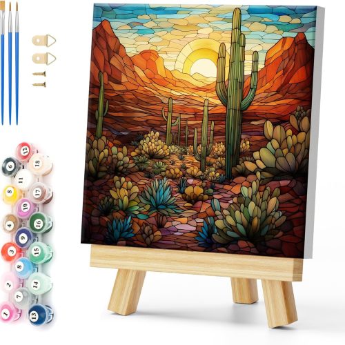 1 Framed Paint by Numbers for Adults Beginner, Wilderness Landscape Acrylic Easy Paint by Numbers Kits with Frame Cactus Art Craft Kits for Adults Suitable for Wall Decoration 12x12 Inch