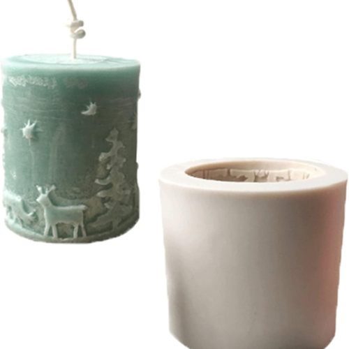1 3D Cylinder Christmas Candle Molds,Silicone Soap Mold Embossed Christmas Tree & Elk Reindeer Pattern for Home Party Decoration (Random Mold Color)