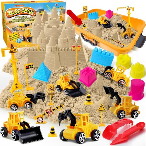 1 Construction Sensory Bin - Play Sand Kit with Toy Truck and 4lbs Magical Sand, Pretend Play Beach Sensory Toy Sandbox, Kids Gifts for Girls and Boys