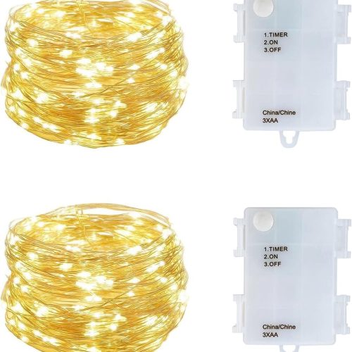 1 Set of 2 Battery Operated Mini Led Fairy Light Dewdrop Lights with Timer 6 Hours on/18 Hours Off for Wedding Centerpiece Halloween Christmas Party Decorations,50 LEDs,18 Feet Silver Wire (Warm White)