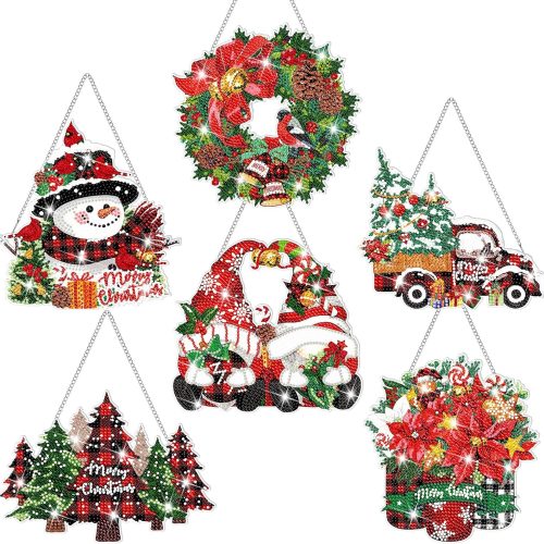6 Pcs Christmas Diamond Painting Hanging Sign Set 5D Gnome Snowman Diamond Art Set for Adults DIY Art Pendant Ornaments Kits Acrylic Christmas Tree Wreath Truck for Wall Window Decor