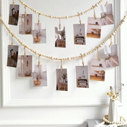 2PCS Hanging Photo Display Wall Decor,Boho Wooden Bead Garland Picture Hanging String with Clips for Dorm, Bedroom, Living Room, Office Cubicle Decor, Art Display Hangers for Artwork