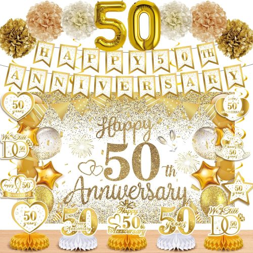 50th Golden Wedding Anniversary Decorations - White Gold Happy Anniversary Banner Backdrop Centerpiece Hanging Swirls Pom Poms