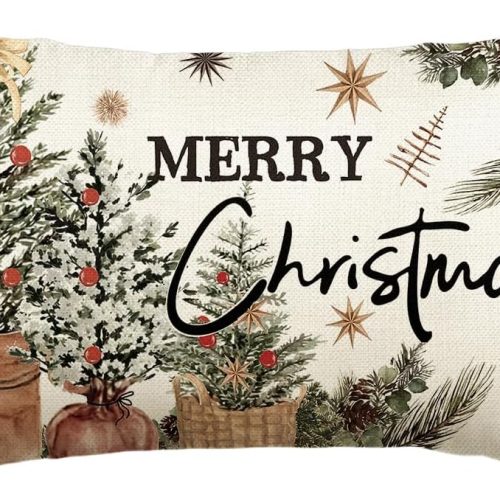 colorlife Merry Christmas Eucalyptus Red Berries Throw Pillow Cover, 12 x 20 Inch Winter Holiday Cushion Case Decoration for Sofa Couch