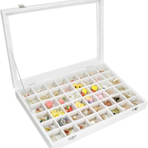 1 Velvet Jewelry Tray 48 Compartments Jewelry Display Organizer with Transparent Cover Rings, Earrings, Necklaces, Pendants Storage Box for Girls, Wives, Mothers, Women
