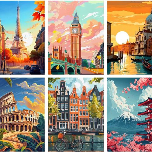 1 6 Pack Famous Landscape Diamond Art Kits for Adults Beginners,Full Round Drill DIY Diamond Painting Kits,Paint by Diamonds Dot Gem Art Crystal Easy,Home Wall Decor 12x16Inch
