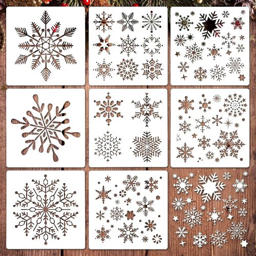 8 Pieces Christmas Snowflake Stencil PET Large Snowflake Painting Winter Reusable Holiday Stencils Delicate Template Snow Flakes for DIY Crafts Xmas Window Glass Wall Door Decoration