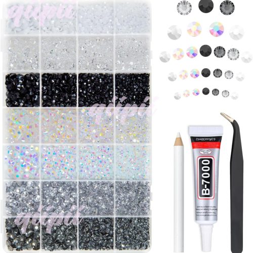 28 Types Black White Transparent Jelly Resin Rhinestones w B7000 Jewelry Glue for Bedazzling Crafting 3-6mm Flatback Stones Gems Diamonds Crystals for Face Eyes Makeup Crafts Tumblers Bottles