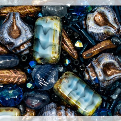 2.1oz (60 g) Mix of Unique Czech Bohemia Glass Pressed Beads, Dark Blue, Table Cut, Matte and Glossy, Faceted Fire Polish, Hand Made Set Kit BCV