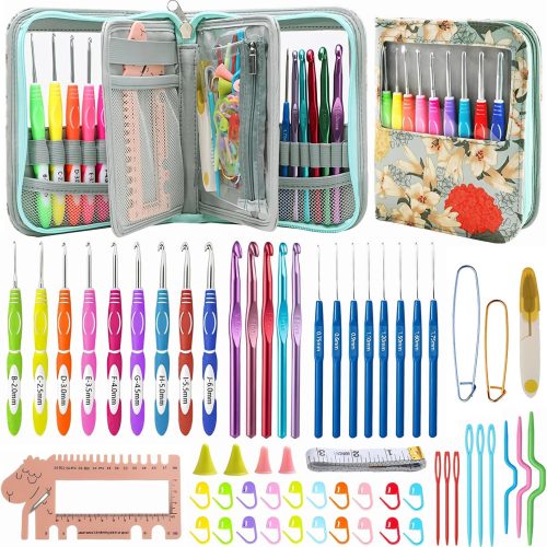 60-Piece Ergonomic Crochet Hooks Set with Travel Case - Aluminum Crochet Needles Kit for Beginners & Experts, Arthritis-Friendly Design, Includes Stitch Markers & Accessories (Green)