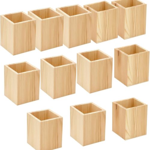 12 Pack Wood Pen hlolder Unfinished Wooden Pencil Holder for Homemade DIY Crafts (3"x3"x4")
