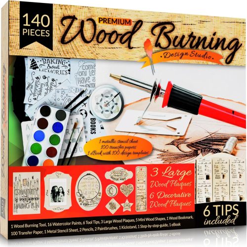 1 Beginners Wood Burning Kit 140 Pieces. Best Gift Idea for Art & Craft Kit Lovers. Woodburning DIY Hobby Kits with 9 Large Wooden Plaques to Make Unique Wood Burning Projects