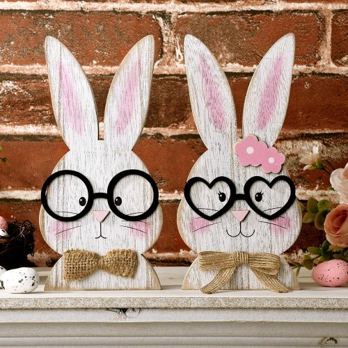 Easter Decorations: Rustic Antique Wooden Bunny Couple Happy Easter Table Centerpiece Signs, Farmhouse White Rabbit with Glasses Wood Easter Decor for Home Office Table, Cute Easter Gifts