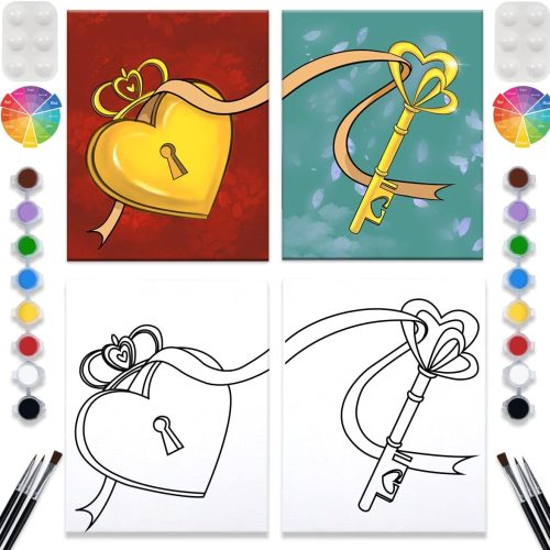 2 Pack Paint and Sip Canvas Painting Kit Pre Drawn Canvas for Painting for adults Stretched Canvas Couples Games Date Night Lock Key Paint Party Anniversary Valentine's Day (8x10)