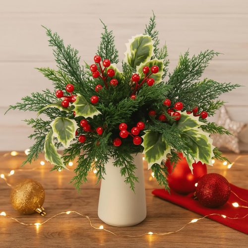 70 Pcs Christmas Artificial Flowers Pine Branches with Red Berry Stems Christmas Leaves Faux Green Norfolk Pine Cypress Leaves for Xmas Craft DIY Garland Home Decor (Vase is Not Included)