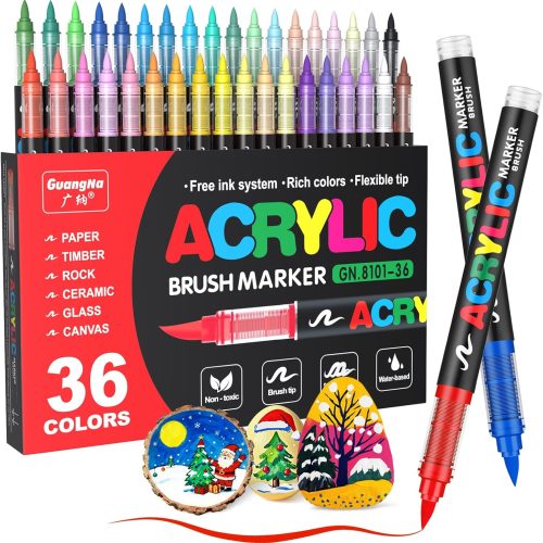 36 Colors Acrylic Paint Markers, Brush Tip Paint Pens Acrylic Markers with Waterproof Long-Lasting Ink for Rock, Canvas, Fabric, Wood, Paper, Glass, Stone, Coloring Book DIY Crafts Art Supplies