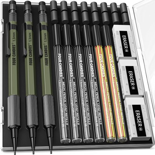 1.3mm Mechanical Pencil Set with 72 Lead Refill, 3PCS Metal Weatherproof Body Heavy Duty Carpenter Pencil, 3 Eraser, 16 Eraser Refill, for Outdoor Woodworking Drafting Marking with Case