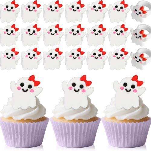 24PCS Ghost Cupcake Ring Toppers Spooky Halloween Cupcake Picks Cute Ghost Decorations for Halloween Theme Birthday Party Baby Shower Cake Supplies