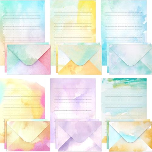 Watercolor Stationary Paper and Envelopes Set, 24 PCS Colorful Writing Stationery Paper with 12 PCS Envelopes,Pretty Watercolor Styles Stationery Printed Design for Love Letter, Party Invitations