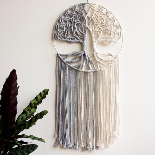 1 Tree of Life Macrame Wall Hanging,Chic Handmade Woven Boho Home Décor,Eclectic Wall Decor for Bedroom Nursery Apartment Dorm Decoration,Gift for Teen Girl Mom(13" W X 31.5" L) (Grey&White)