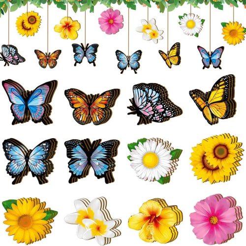 1 36 Pcs Spring Wooden Ornaments Butterfly Sunflower Christmas Tree Hanging Decorations Wood Pendant with Rope Ornaments for Small Tree Spring Holiday Party Decor