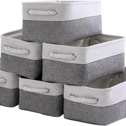 1 Small Storage Baskets for Shelf 6 Pack Canvas Storage Basket with Handles Fabric Storage Basket for Organizing Storage Bin (White and Grey, 12x8x5")