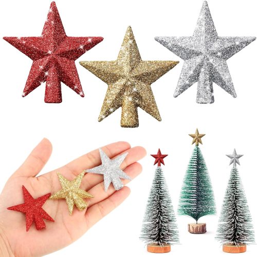 1 3 Pcs Mini Christmas Tree Topper Small Star Christmas Treetop Ornaments for Mini Tree Holiday Decorative Star for Xmas Home Decor(1.77 Inch,Glitter Gold, Silver, Pink)