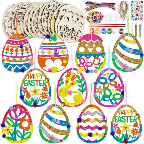1 36 Wooden Easter Ornaments Decorations, DIY Easter Wood Craft Kits Assorted Paintable Unfinished Wood Pendants Pom-poms Glitter Pipe Cleaners for Kids Spring Classroom Home Activity Art Project