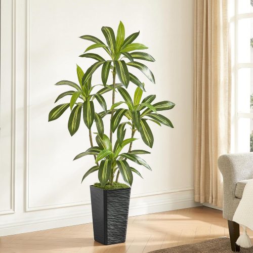 1 5FT Artificial Dracaena Tree with Black Planter and Fake Moss - Real Touch Fake Plant for Home & Office Decor, Faux Yucca Indoor Floor Tree, Low Maintenance, Non-Fading Silk Plants