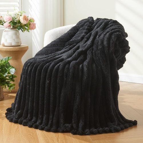 1 Super Soft Throw Blanket Black Premium Silky Flannel Fleece 3D Ribbed Jacquard Lightweight Bed Blanket All Season Use (Black Ribbed, Throw(50"x60"))