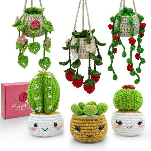 1 Crochet Kit for Beginners with Step-by-Step Video Tutorials,Beginners Starter Crochet Succulent Pot Plant Kit for Adults Women Knitting Kits Learn to Crochet Set (Pot Plants Family)