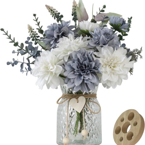 Fake Flowers with Vase,8 Dahlias, with a Flower Arrangement Holder,Silk Faux Dahlia Artificial Flowers in Vase,Centerpiece Table Decorations,Coffee Table Decor