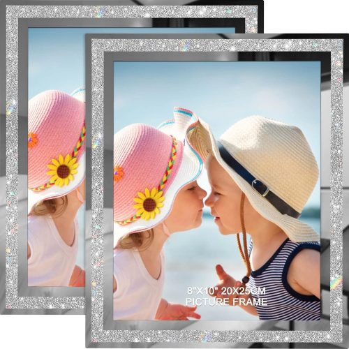 1 IZIDDO 8x10 Picture Frames Set of 2, Glitter Photo Frame for Tabletop, Silver Glass Picture Frame, Graduation Gifts for Her, Horizontally or Vertically