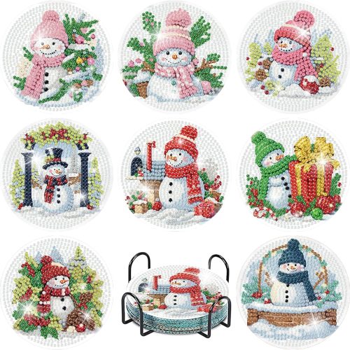 8 Pcs Christmas Diamond Painting Coasters Kits with Holder, DIY Snowman Diamond Art Coaster Kits for Beginners, Small Diamond Art Craft Supplies for Holiday Decor Gifts