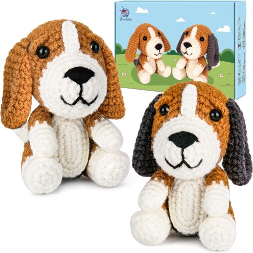 Crochet Kit for Beginners, Beginner Crochet Kit for Adults with Step-by-Step Video Tutorials, DIY Crochet Animal Kits Knitting Supplies, 2 Pack Beagle Family (40%+ Yarn)