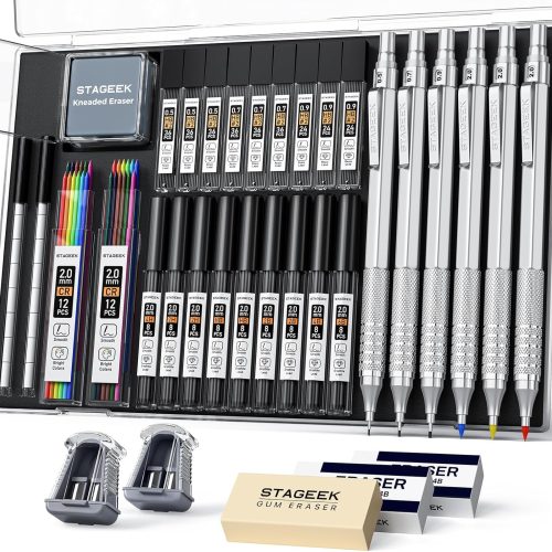 35Pcs Art Mechanical Pencil Set with Case, 0.5 0.7 0.9 2.0 Graphite Metal Drawing Drafting Pencils, Sharpener Erasers 384PCS Lead Refills (6B 4B 2B HB 2H 4H Colors)Pencils for Writing Sketching,Silver