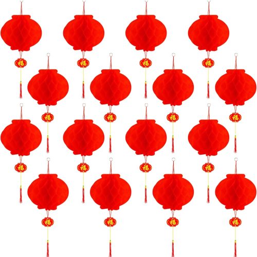 16 Pieces Lunar Chinese Round Hanging Red Paper Lanterns Decorations for 2026 New Year Spring Festival Party Decor - Wedding and Restaurant
