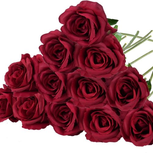 Felice Arts 12 Pack Fake Wine Red Roses Artificial Flowers with Stems Silk Burgundy Rose Bouquet for Valentines Decoration Wedding Bridal Bouquet Vase Table Centerpiece DIY Cake Decor